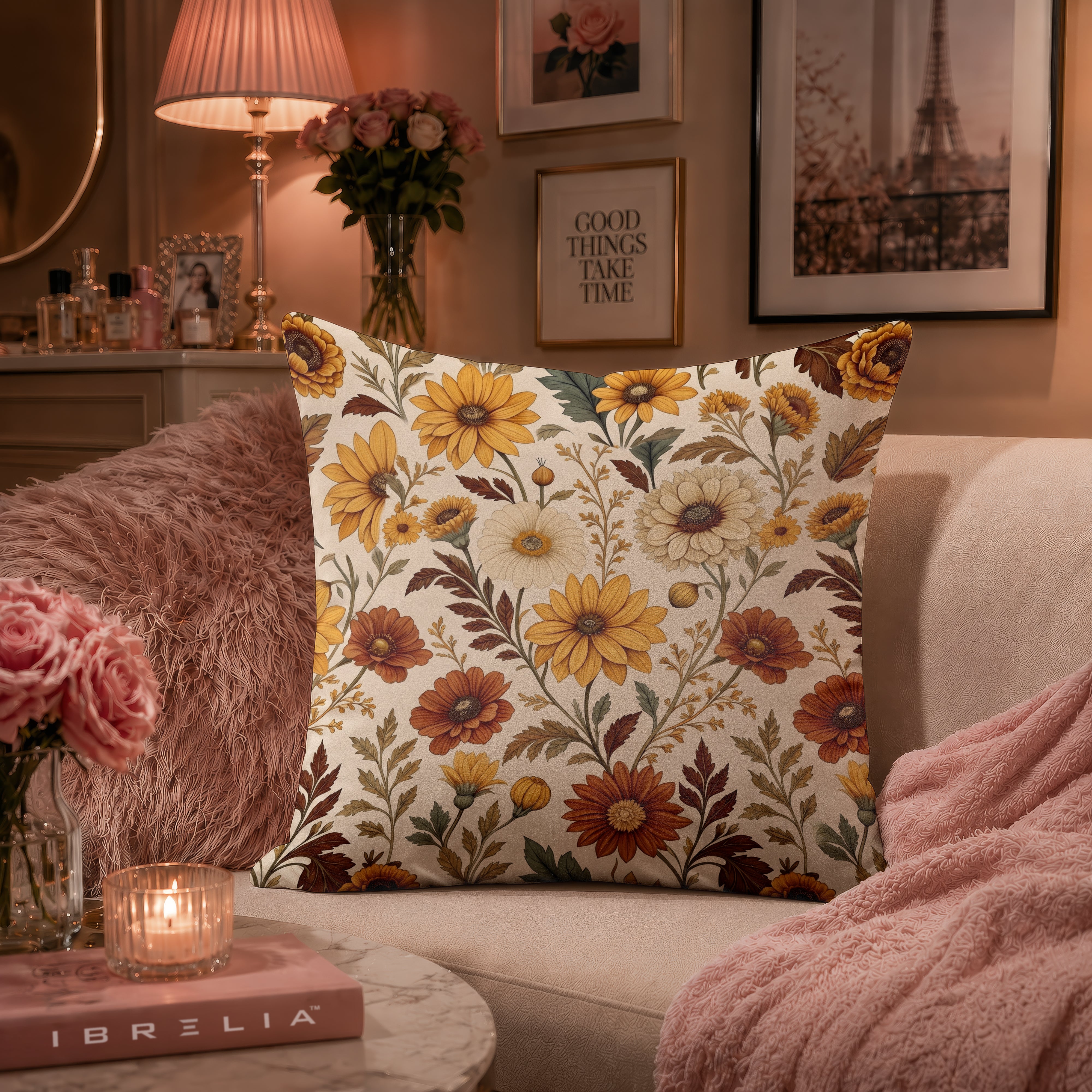 Autumn Wildflower Botanical Cushion | Premium Velvet Suede | Double-Sided Print