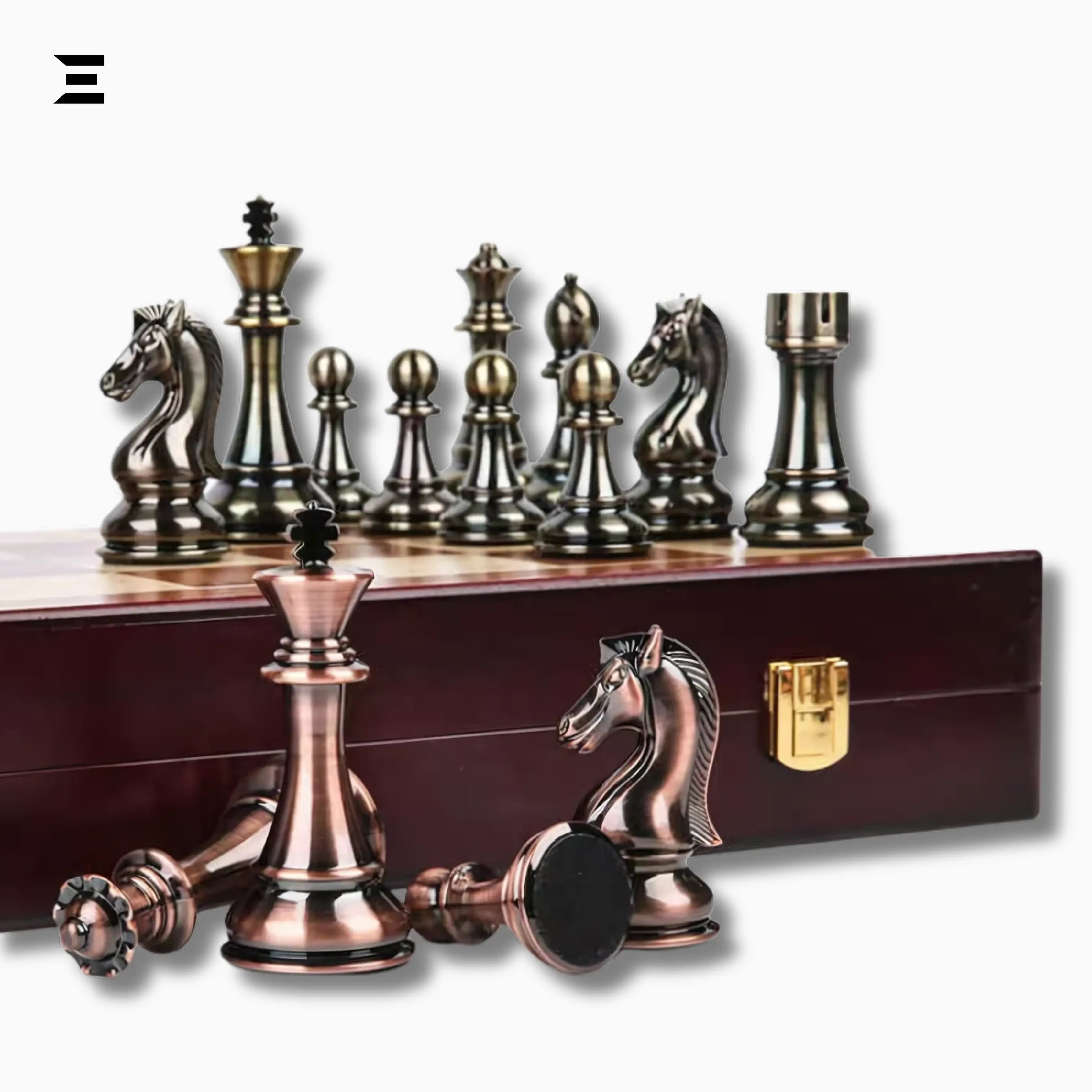 Luxury Metal Chess Set with Wooden Board – 52×52cm Premium Bronze & Silver Pieces IBRELIA