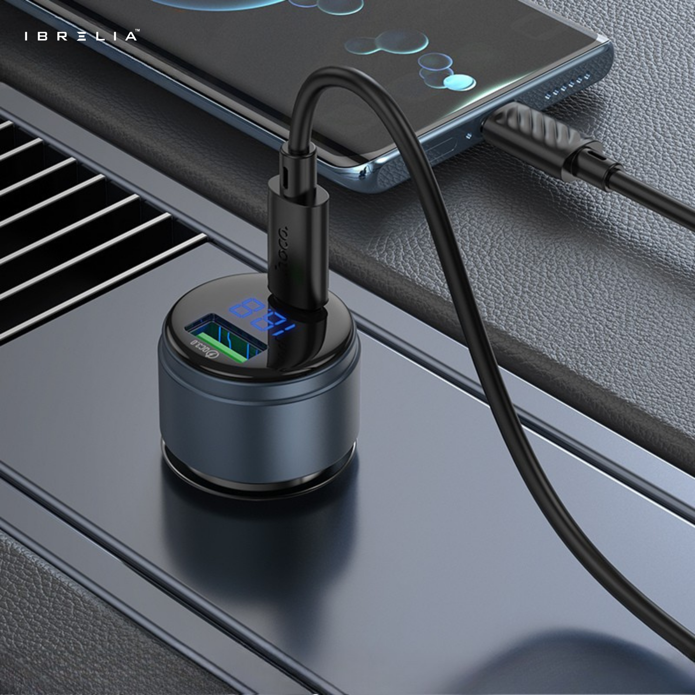 HOCO Z57B Glorious 63W Dual-Port Digital Display Car Charger Set (C to C) – PD45W + QC3.0 | IBRELIA™