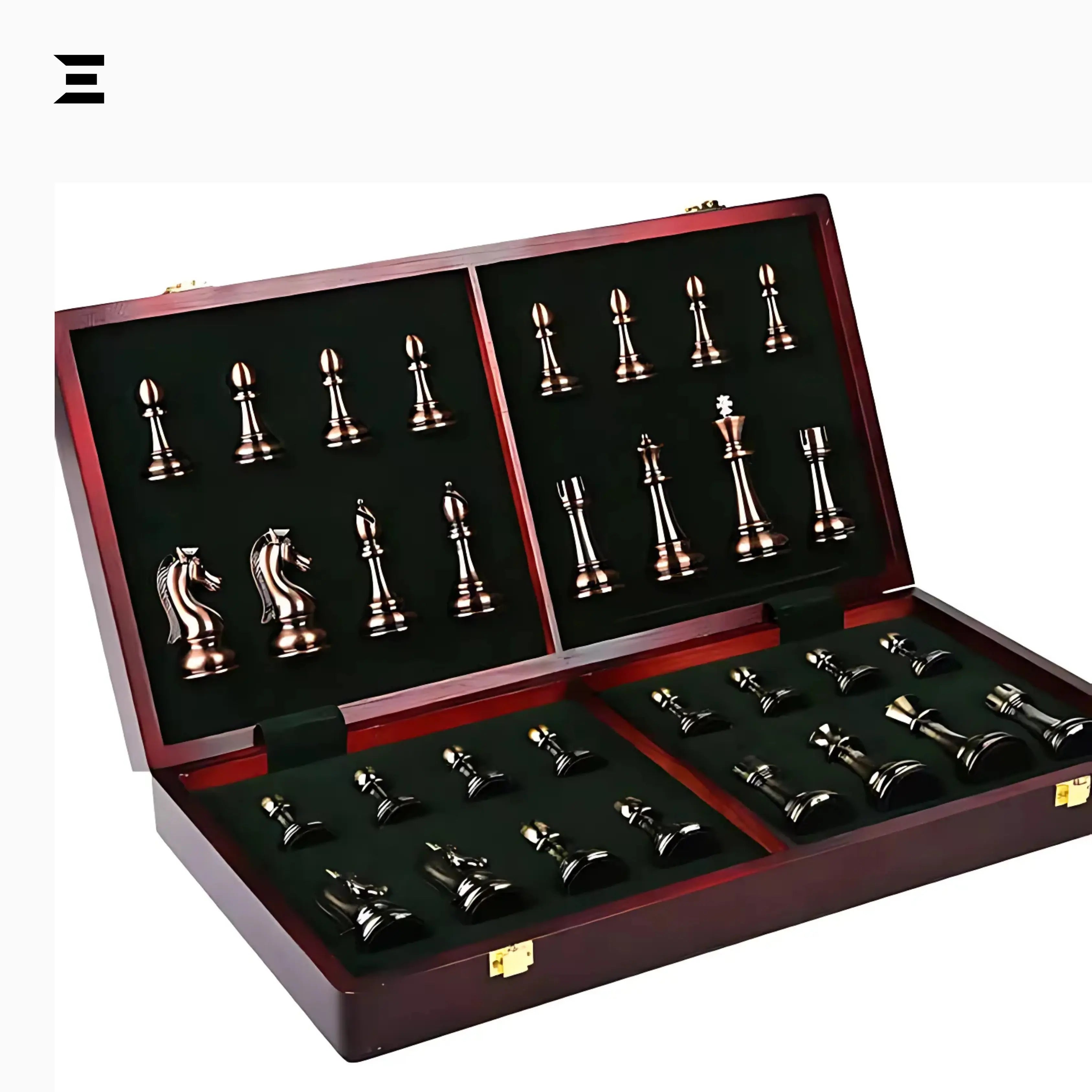 Luxury Metal Chess Set with Wooden Board – 52×52cm Premium Bronze & Silver Pieces IBRELIA