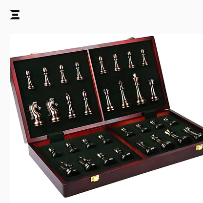 Luxury Metal Chess Set with Wooden Board – 52×52cm Premium Bronze & Silver Pieces IBRELIA