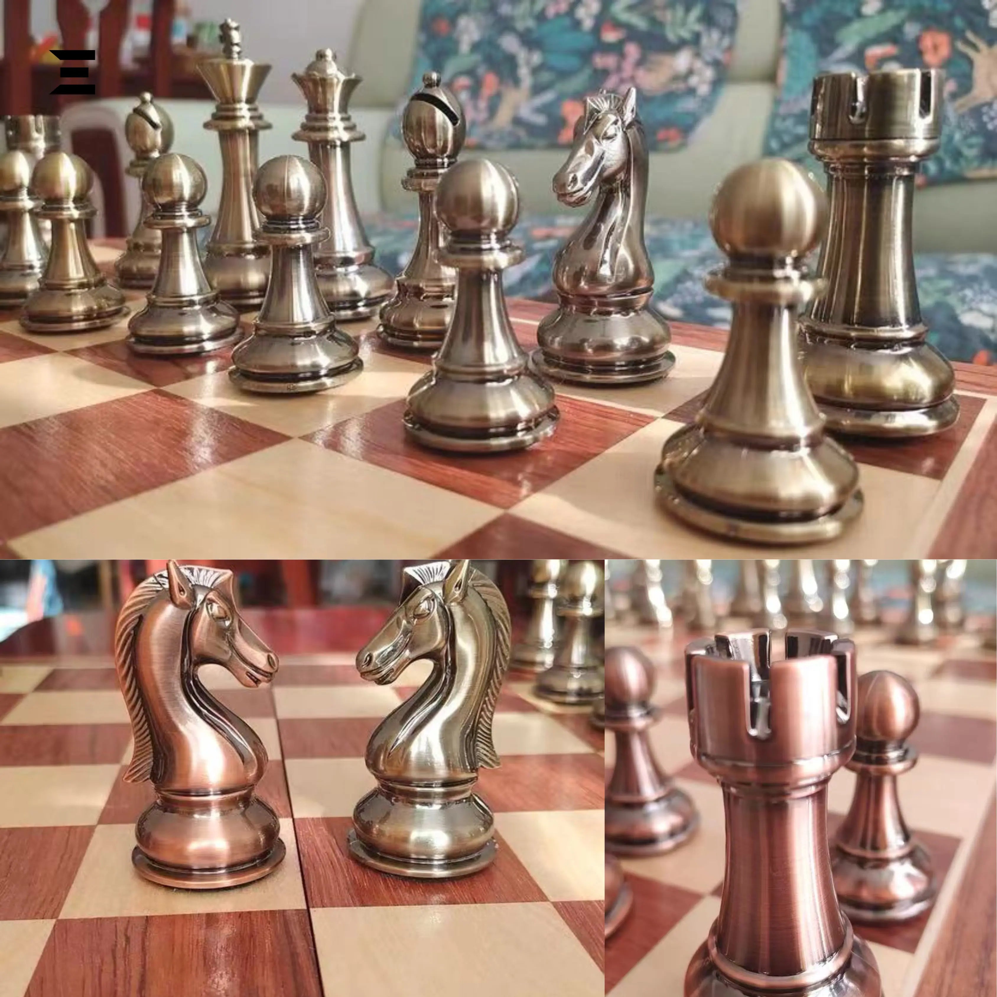Luxury Metal Chess Set with Wooden Board – 52×52cm Premium Bronze & Silver Pieces IBRELIA