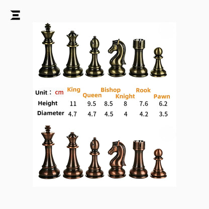 Luxury Metal Chess Set with Wooden Board – 52×52cm Premium Bronze & Silver Pieces IBRELIA