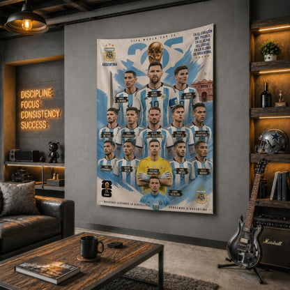 Argentina National Team – FIFA World Cup 2026 Squad – Premium Jute Fabric Tapestry – IBRELIA™