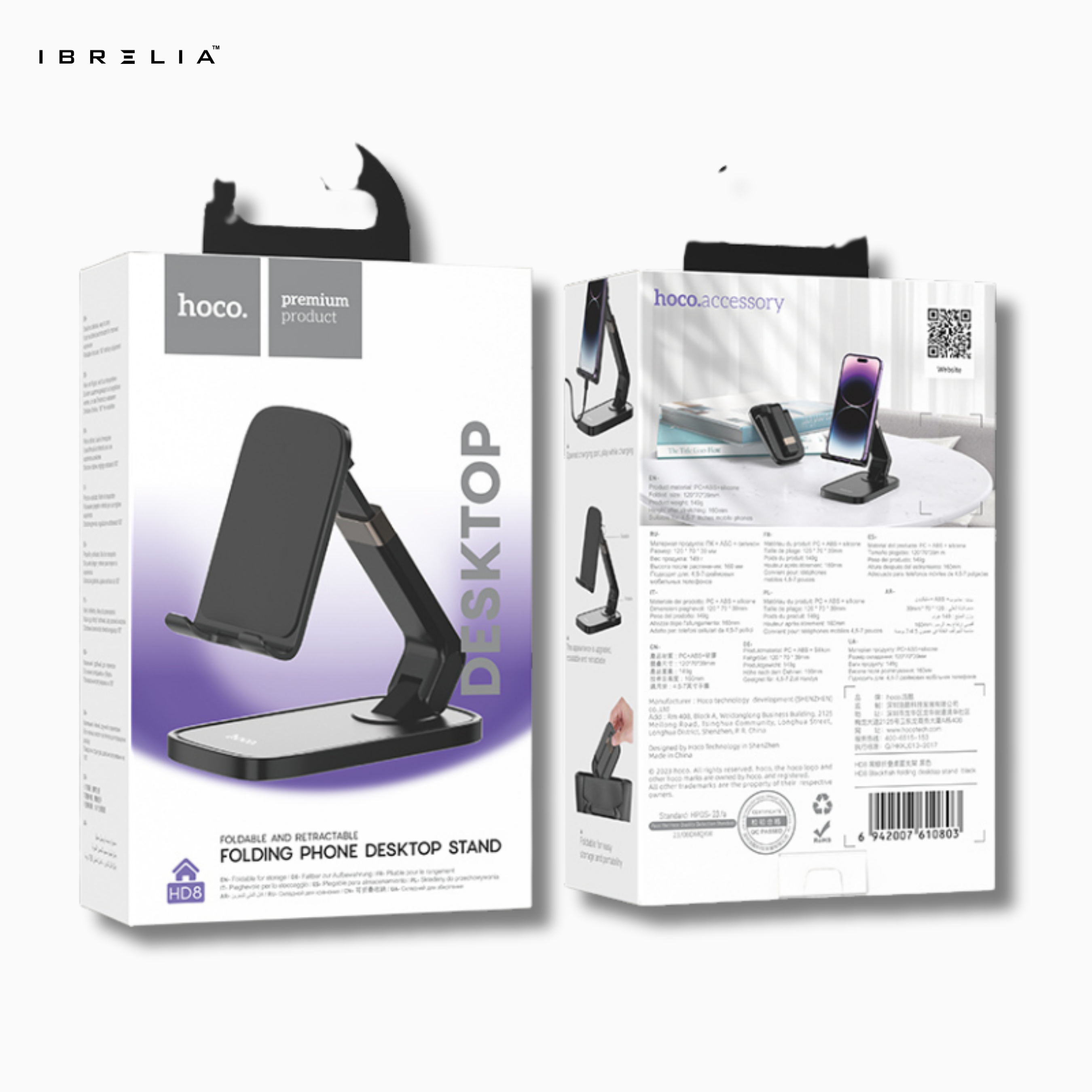 HOCO HD8 – Folding & Retractable Phone Desktop Stand – Premium Adjustable Holder (Black/White) – HOCO | IBRELIA™