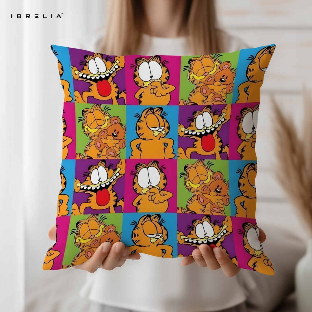 Garfield Cushion – 15x15 Inch Cartoon Cat Pillow | Colorful Pop Art Design | Double-Sided Print | Premium Fibre Filling | IBRELIA™ IBRELIA