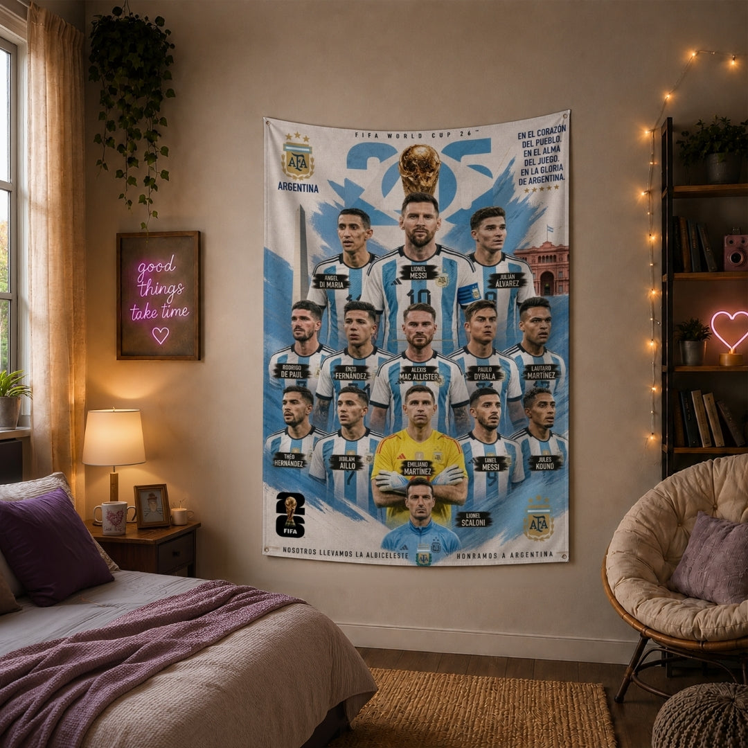 Argentina National Team – FIFA World Cup 2026 Squad – Premium Jute Fabric Tapestry – IBRELIA™