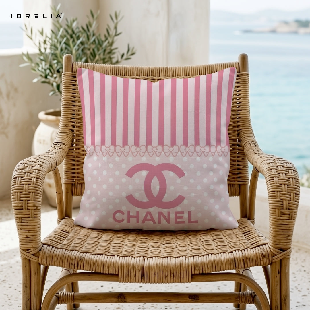 Pink Chanel Style Cushion 15x15 Inch | Bow Stripe Luxury Pillow | IBRELIA™ IBRELIA