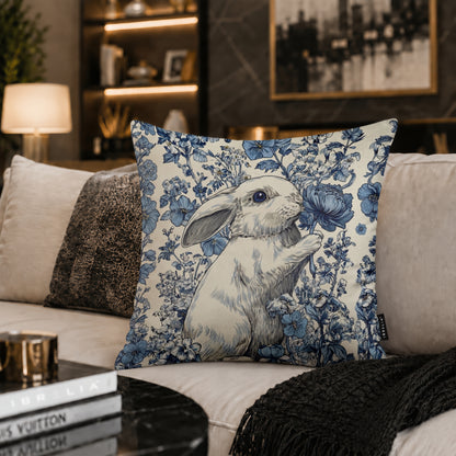 Luxury Blue Bunny Botanical Cushion | Premium Velvet Suede | Double-Sided Print