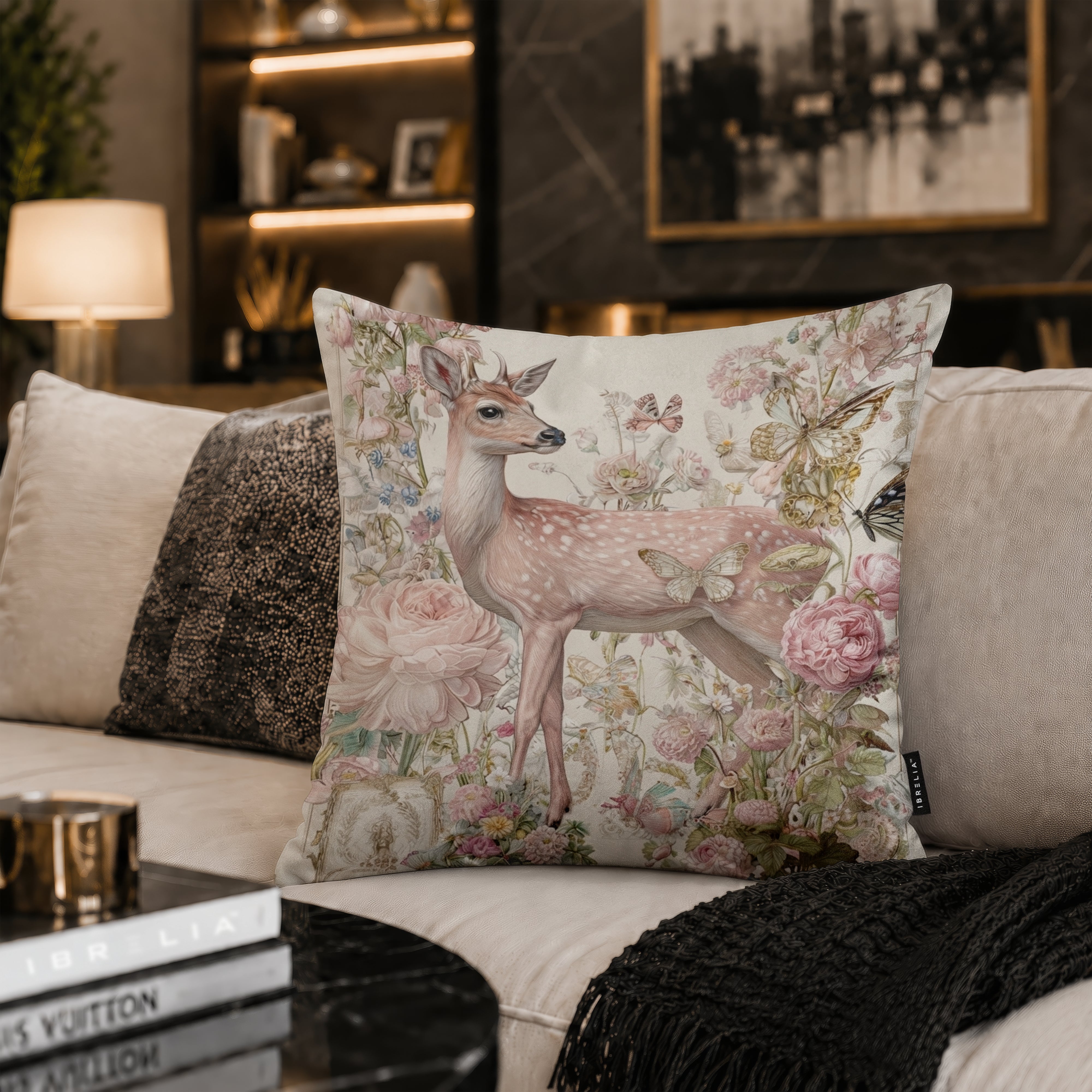 Vintage Floral Deer Cushion | Premium Velvet Suede | Double-Sided Print