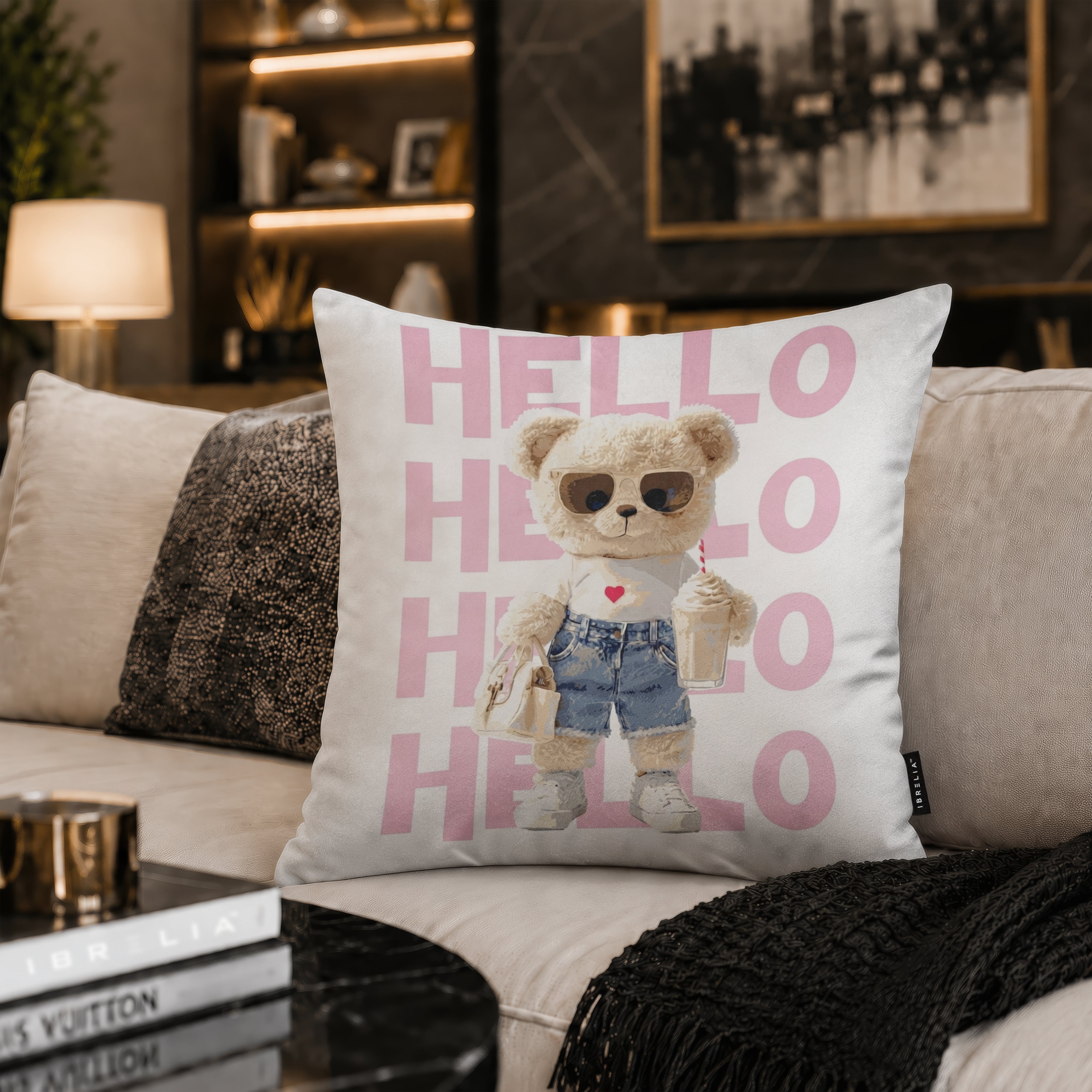 Hello Teddy Cushion | Premium Velvet Suede | Double-Sided Print