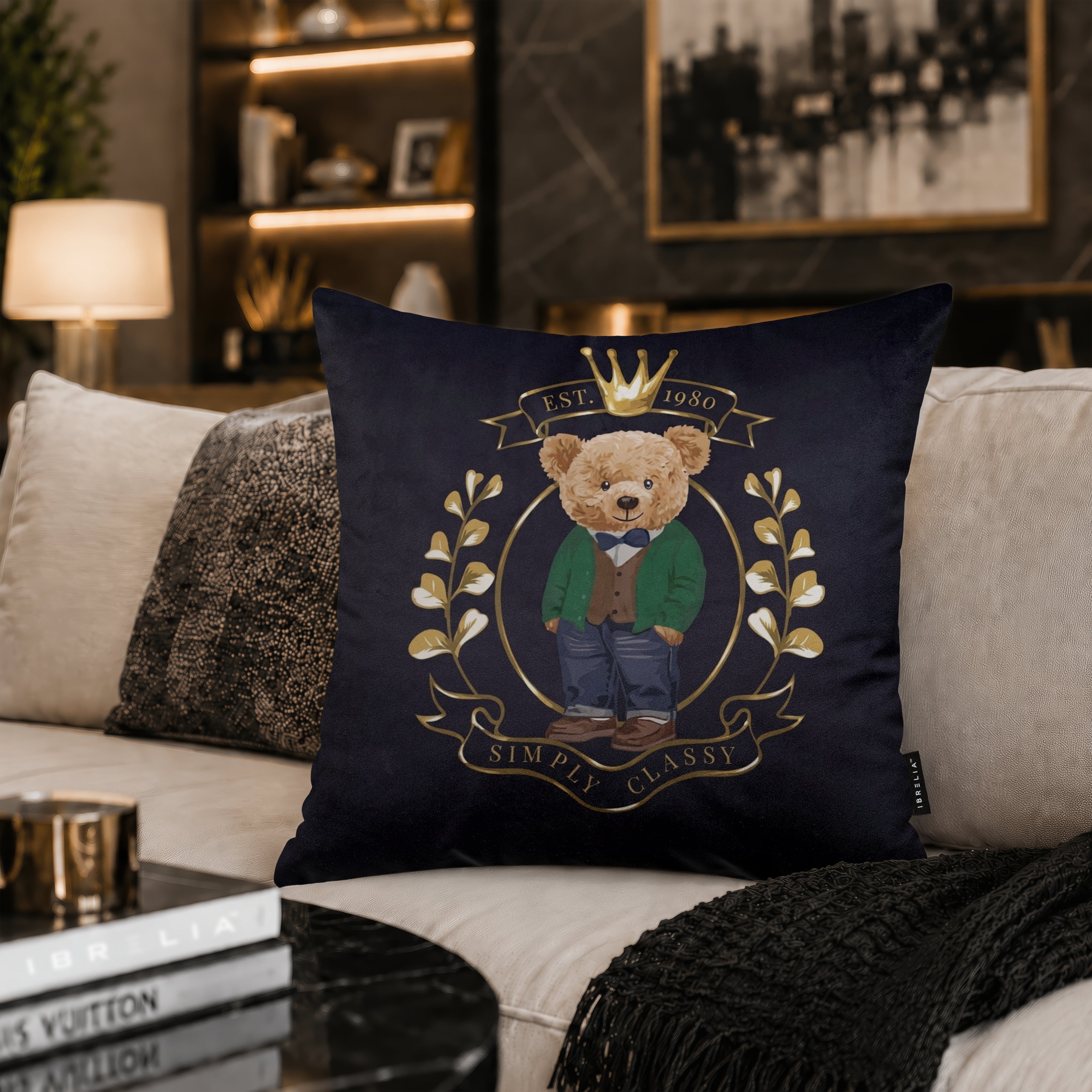 Royal Teddy Crest Cushion | Premium Velvet Suede | Double-Sided Print