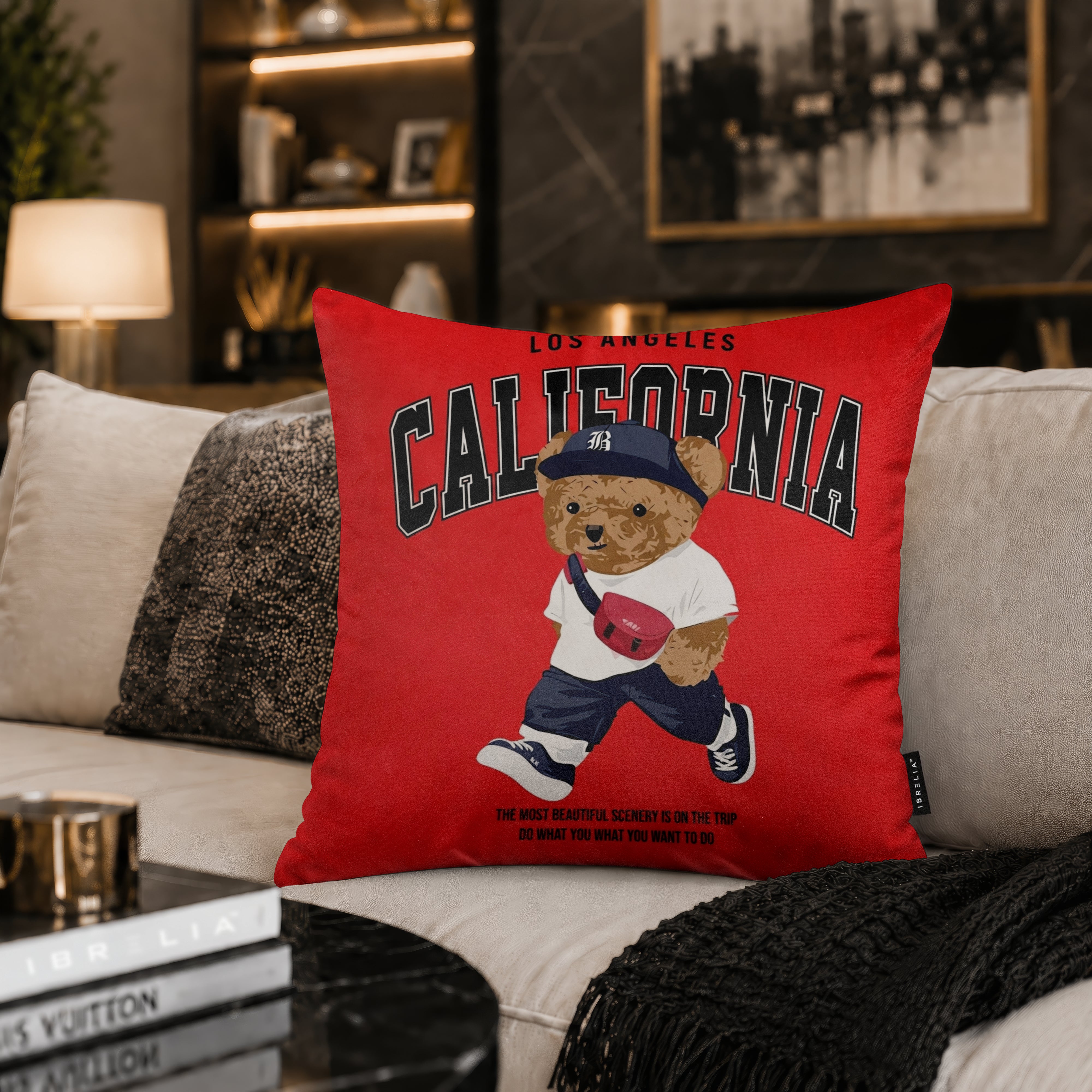 California Teddy Bear Velvet Suede Decorative Cushion | Premium Double-Sided Print