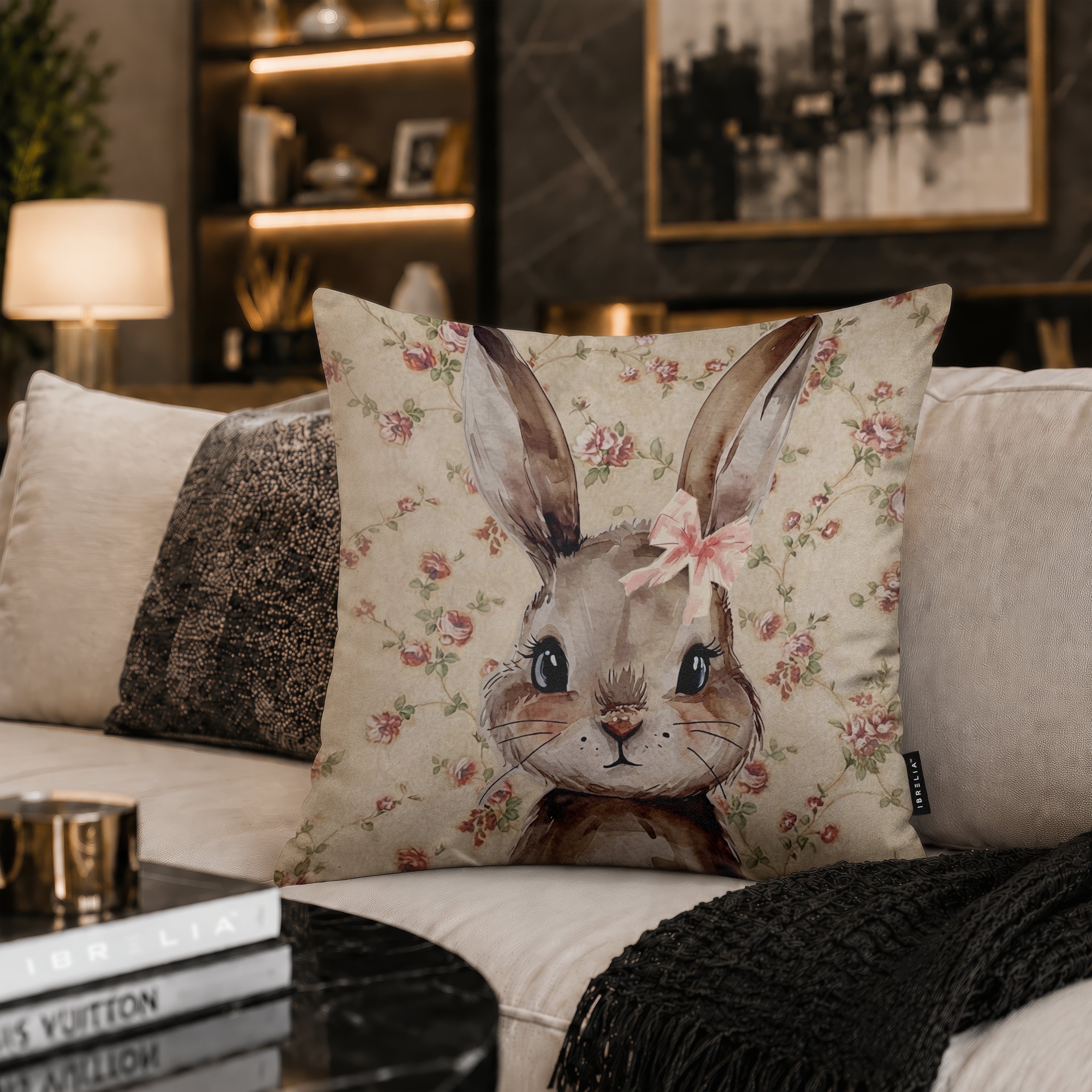 Vintage Floral Bunny Velvet Suede Decorative Cushion | Premium Double-Sided Print