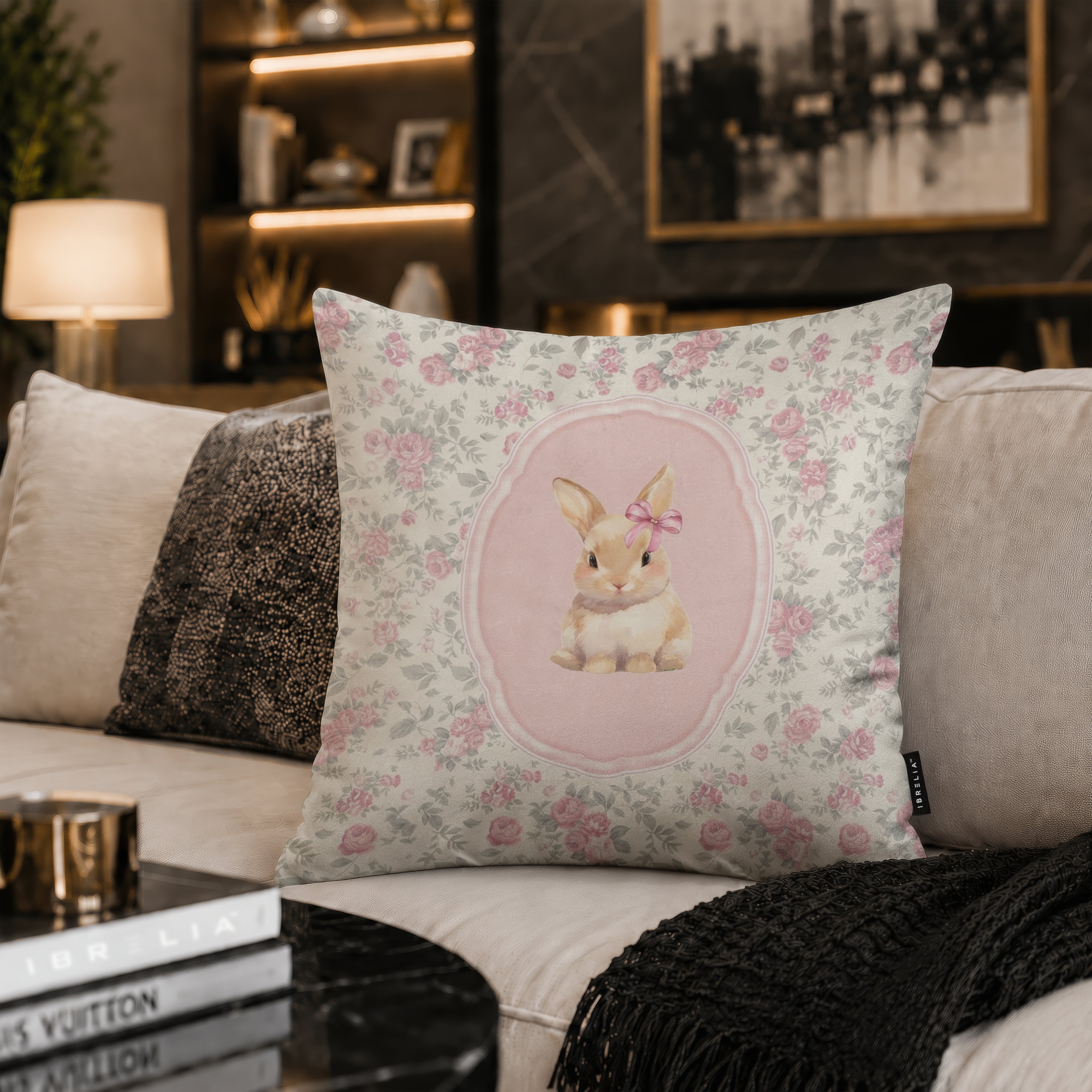 Vintage Floral Bunny Velvet Suede Decorative Cushion | Premium Double-Sided Print