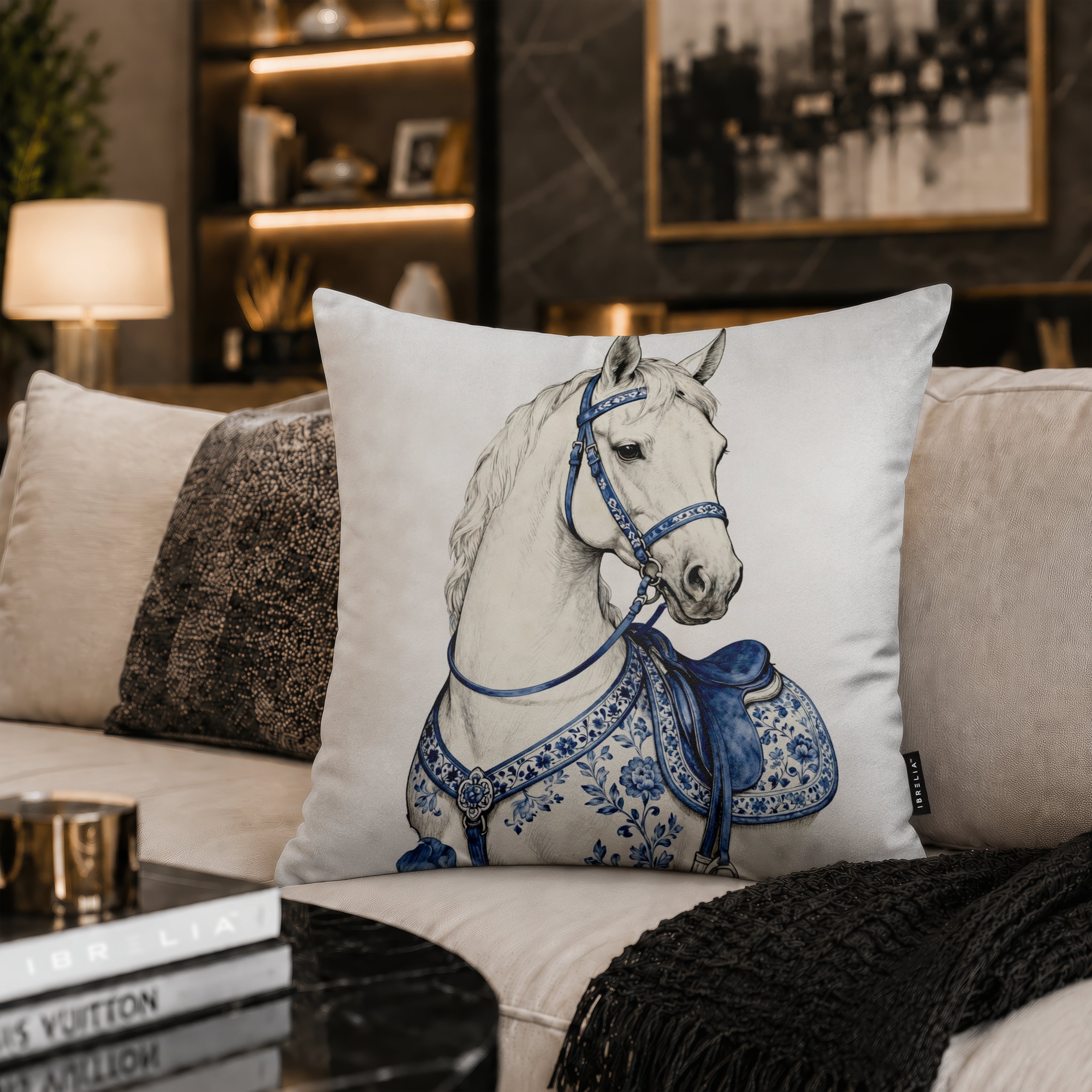 Royal Blue Horse Velvet Suede Decorative Cushion | Premium Double-Sided Print