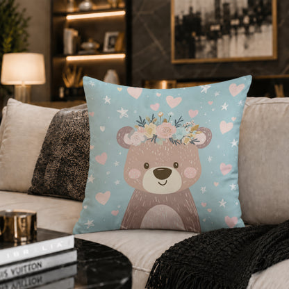 Cute Floral Teddy Bear Cushion | Premium Velvet Suede | Double-Sided Print