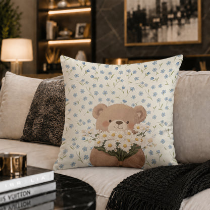 Cute Teddy Bear with Daisies Cushion | Premium Velvet Suede | Double-Sided Print