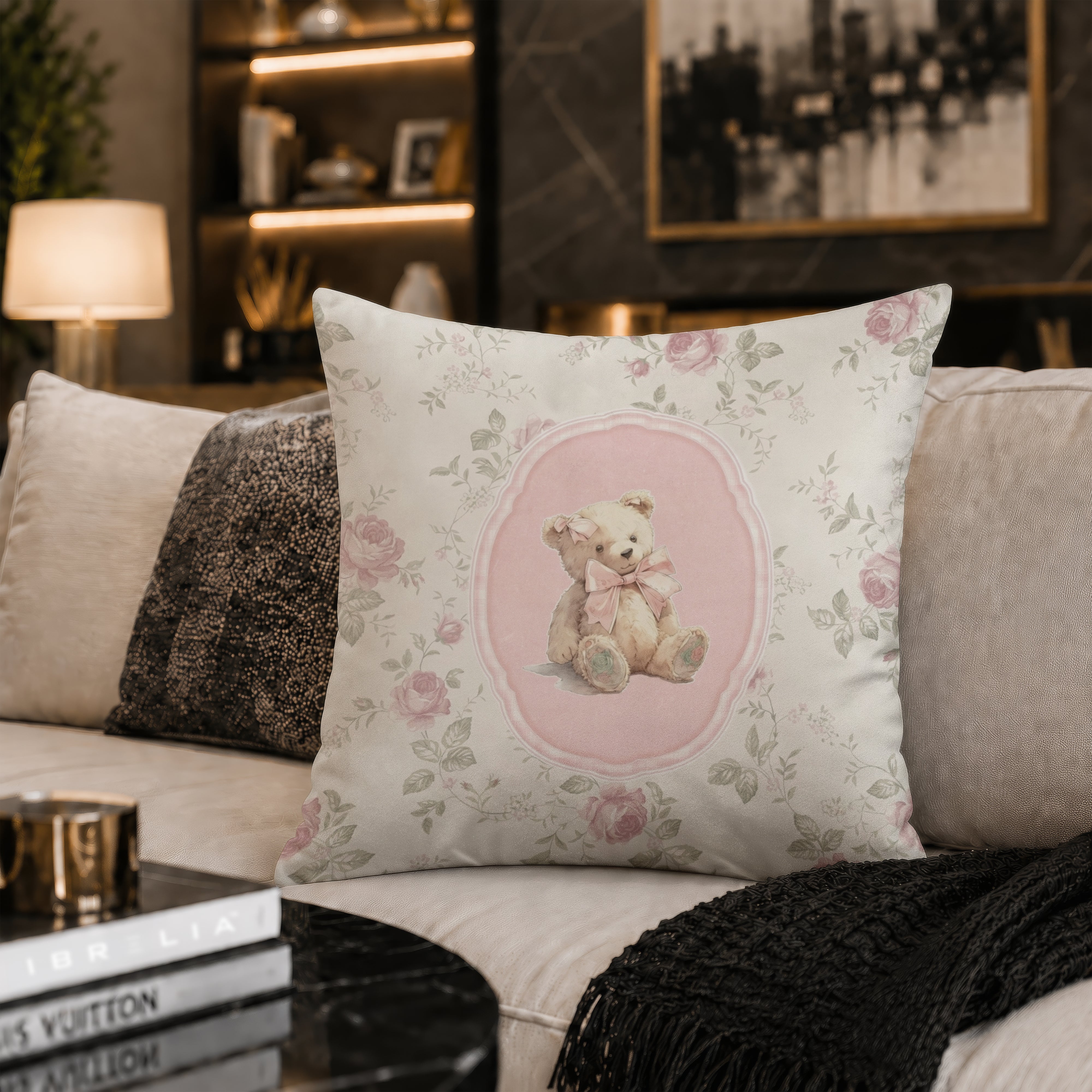 Vintage Floral Teddy Bear Cushion | Premium Velvet Suede | Double-Sided Print