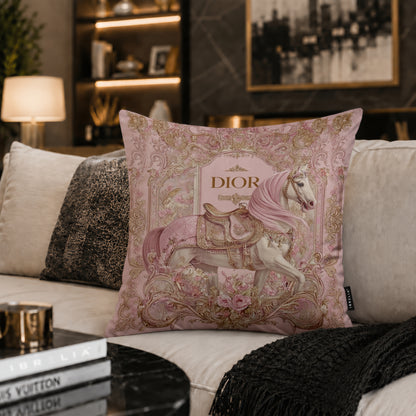 Luxury Pink Floral Horse Designer Cushion | Premium Velvet Suede | Double-Sided Print
