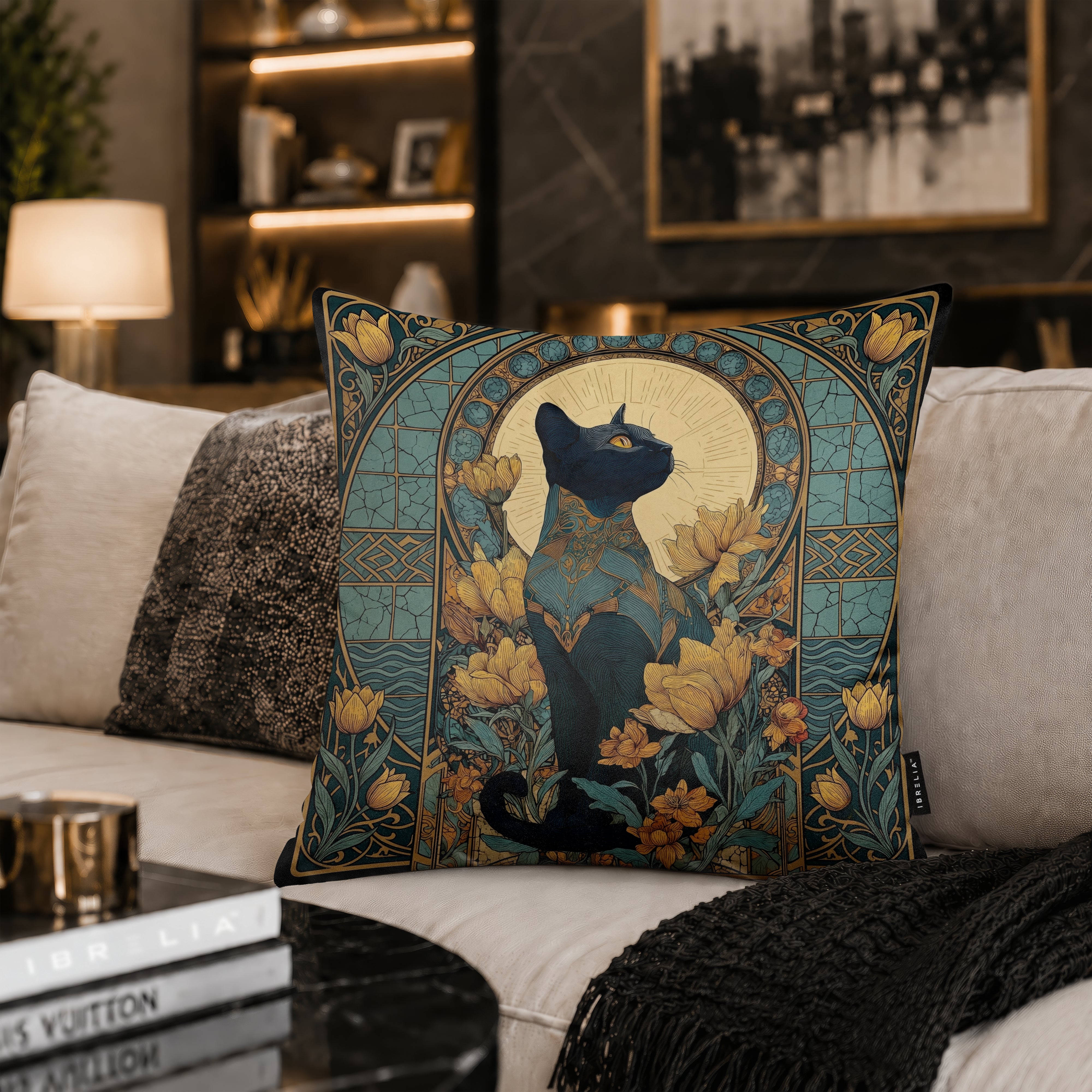 Art Nouveau Black Cat Cushion | Premium Velvet Suede | Double-Sided Print
