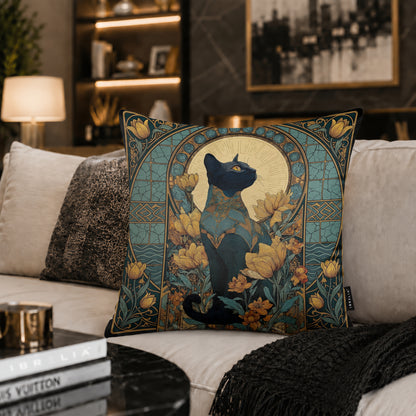 Art Nouveau Black Cat Cushion | Premium Velvet Suede | Double-Sided Print