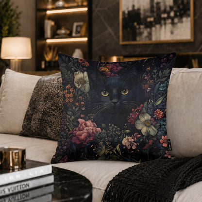 Midnight Floral Black Cat Cushion | Premium Velvet Suede | Double-Sided Print