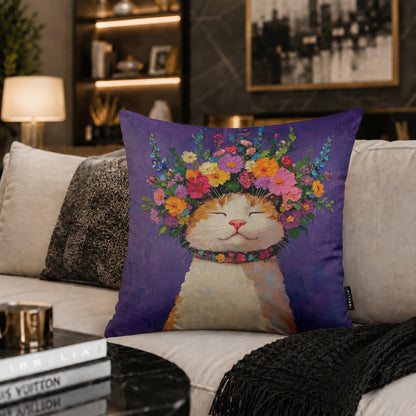Whimsical Floral Cat Cushion | Premium Velvet Suede | Double-Sided Print