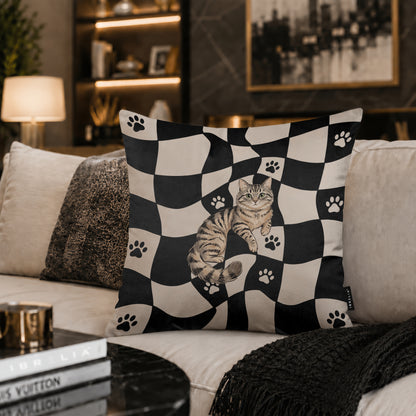 Cute Tabby Cat Checkerboard Cushion | Premium Velvet Suede | Double-Sided Print