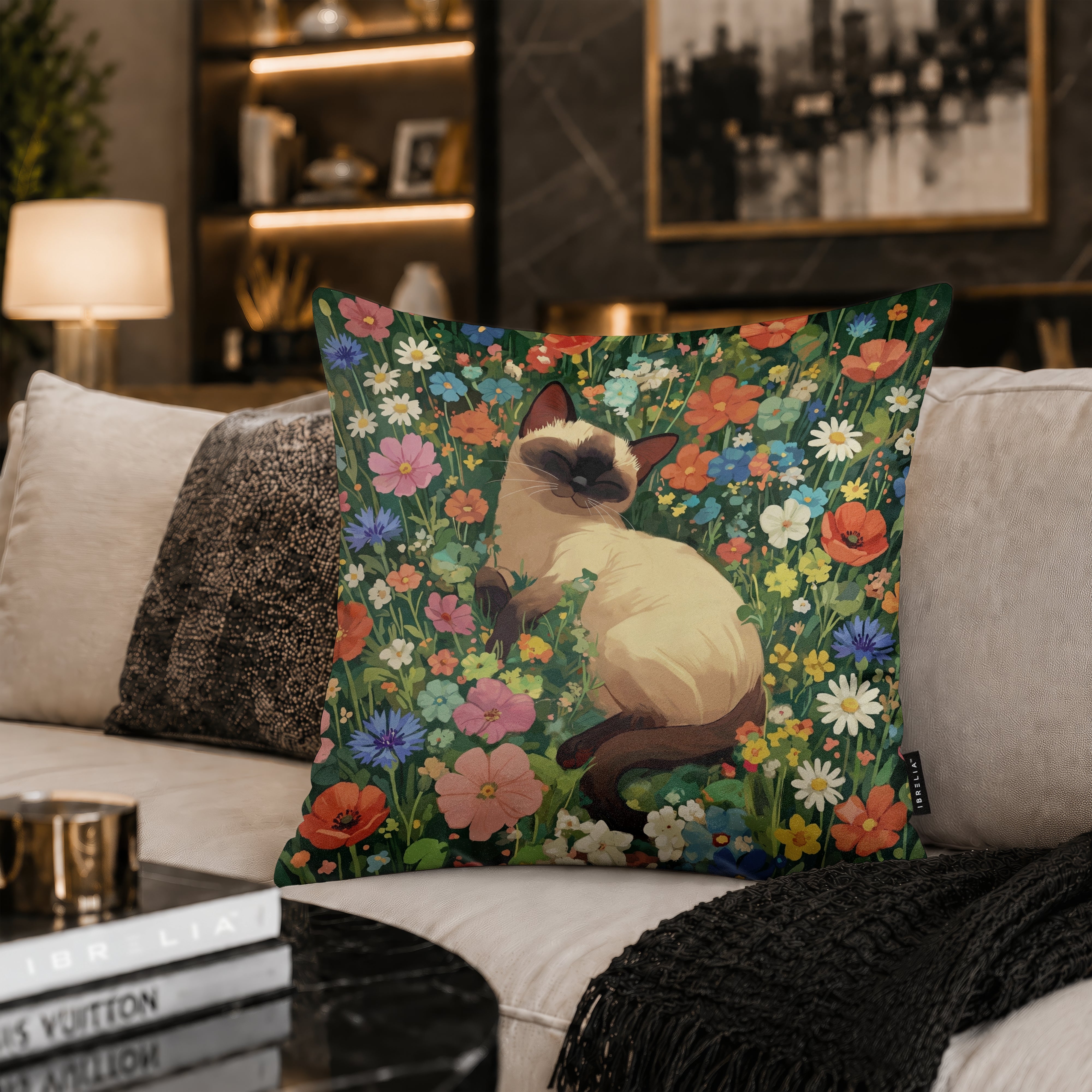 Sleeping Siamese Cat Floral Cushion | Premium Velvet Suede | Double-Sided Print
