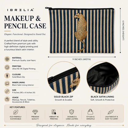 Equestrian Navy Jute Pouch — Premium Makeup Bag & Pencil Case