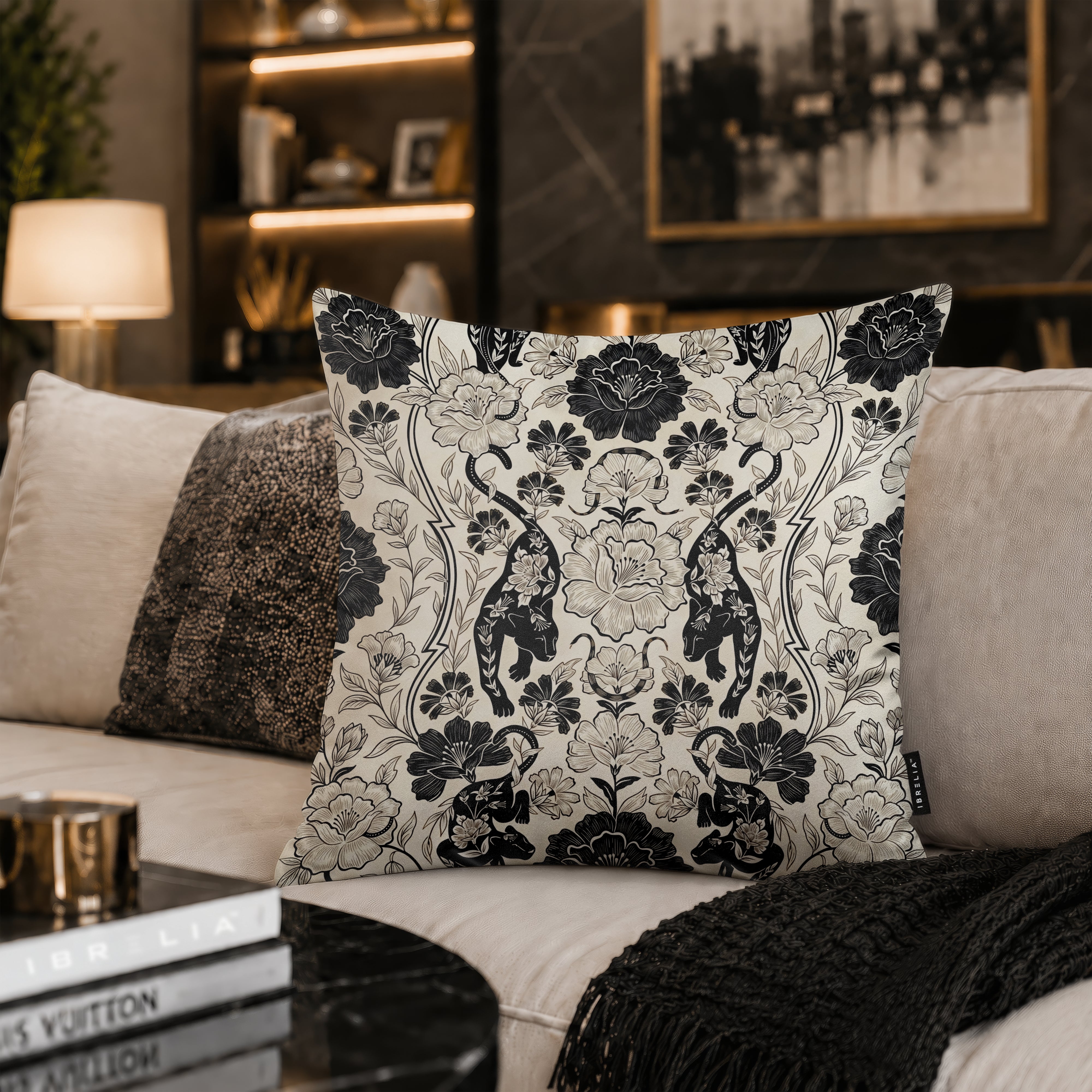 Elegant Black & White Floral Damask Cushion | Premium Velvet Suede | Double-Sided Print