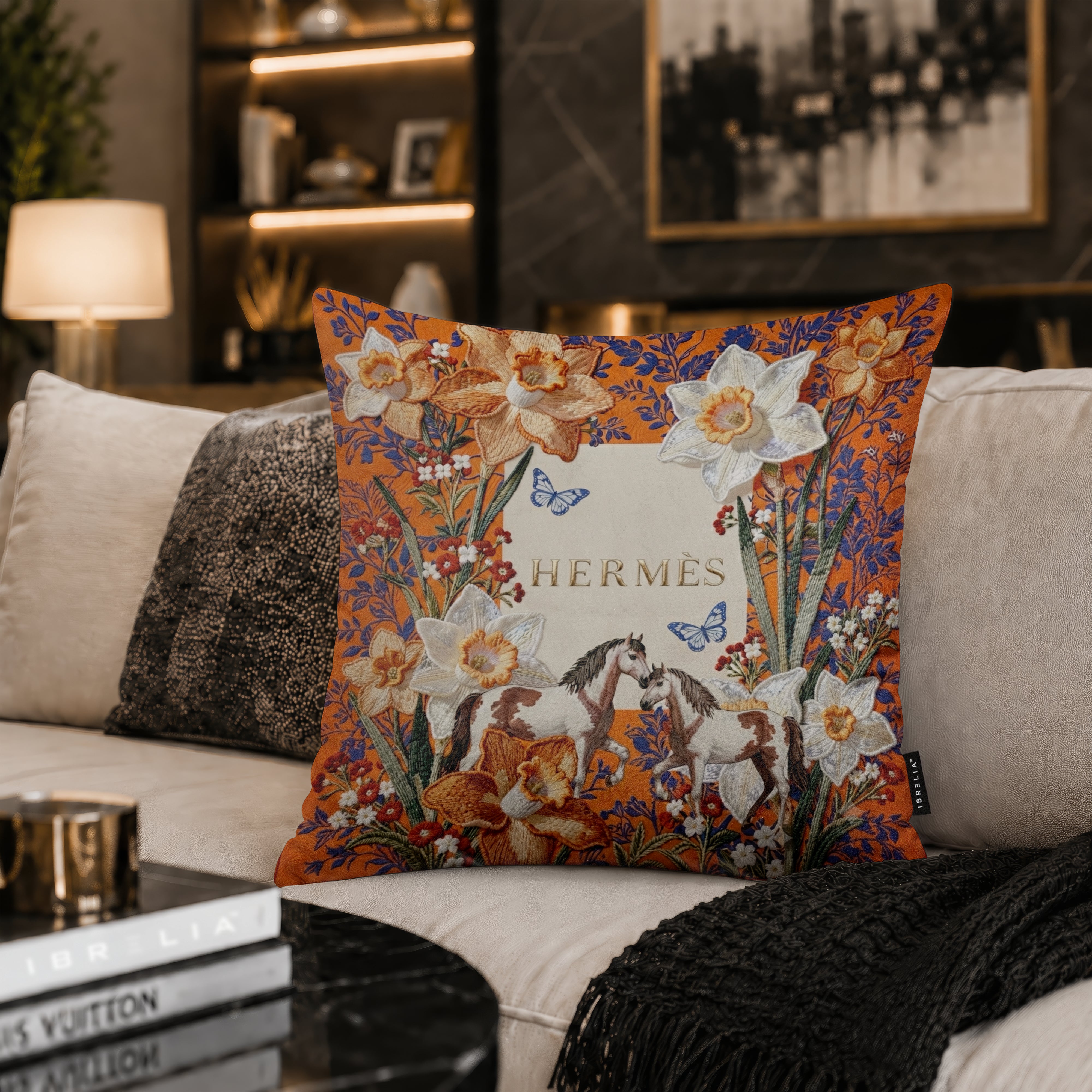 Luxury Hermès Floral Horse Designer Cushion | Premium Velvet Suede | Double-Sided Print
