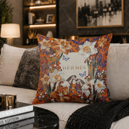 Luxury Hermès Floral Horse Designer Cushion | Premium Velvet Suede | Double-Sided Print