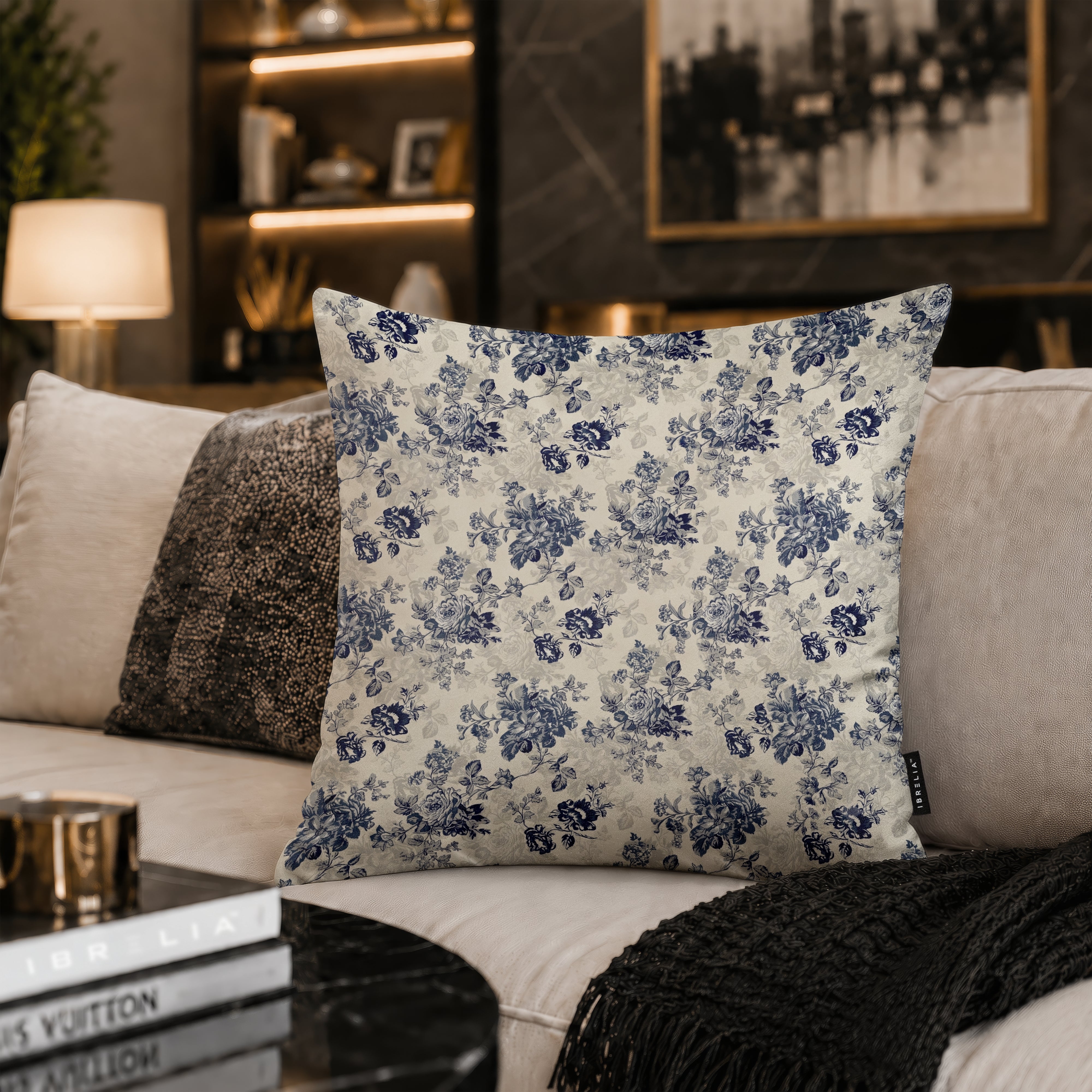 Blue Toile Floral Cushion | Premium Velvet Suede | Double-Sided Print