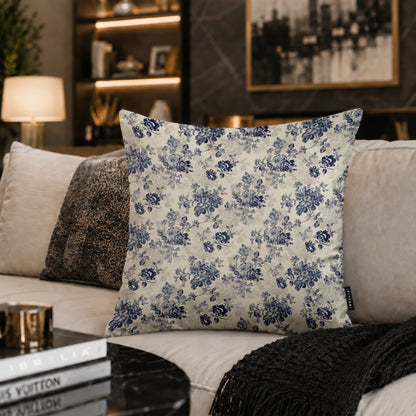 Blue Toile Floral Cushion | Premium Velvet Suede | Double-Sided Print