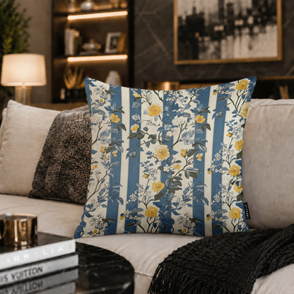 Blue Vintage Floral Stripe Cushion | Premium Velvet Suede | Double-Sided Print