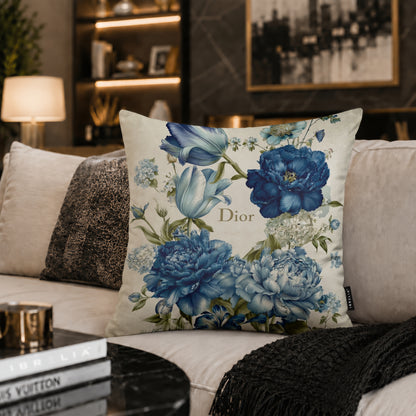 Luxury Blue Floral Designer Cushion | Premium Velvet Suede | Double-Sided Print