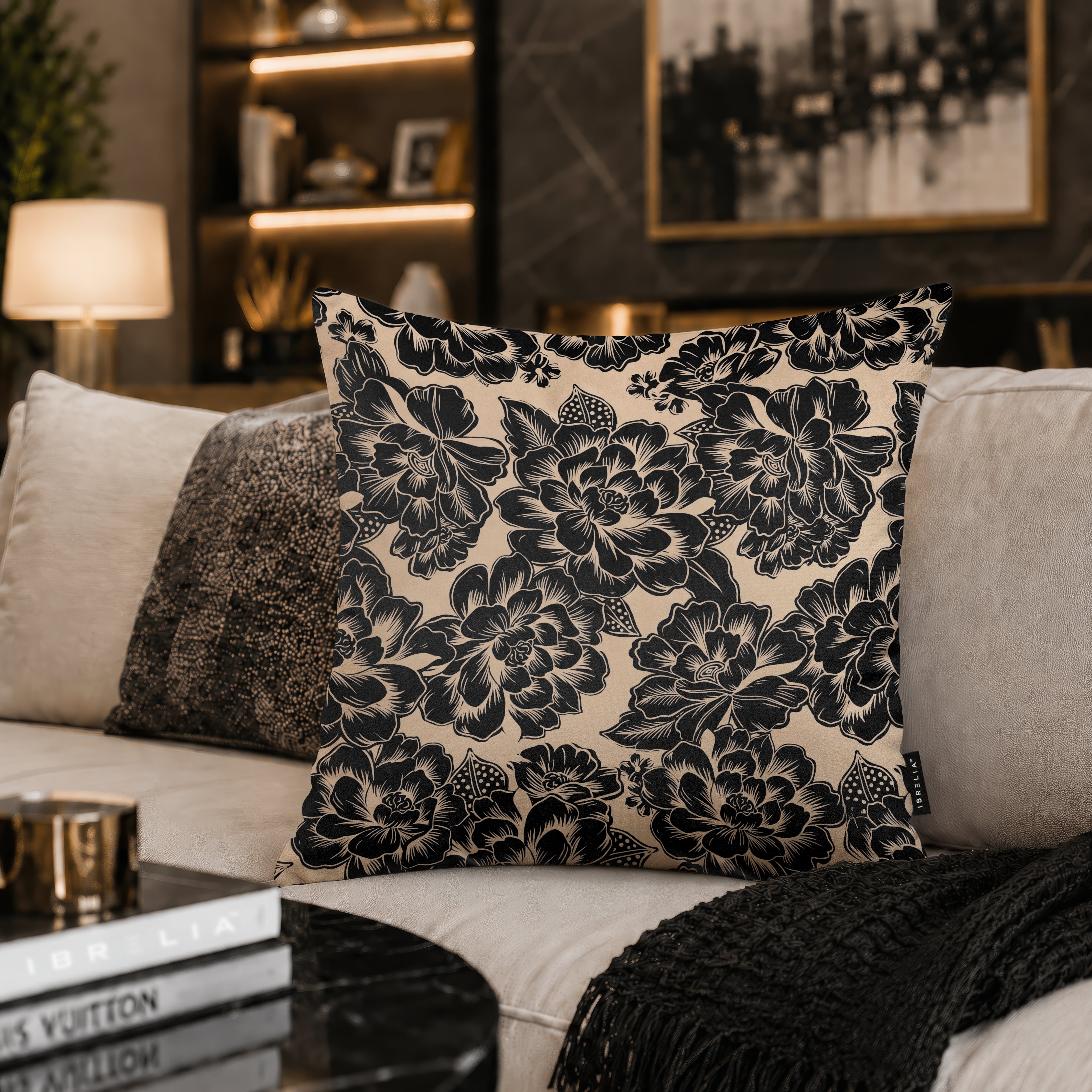 Monochrome Floral Cushion | Premium Velvet Suede | Double-Sided Print