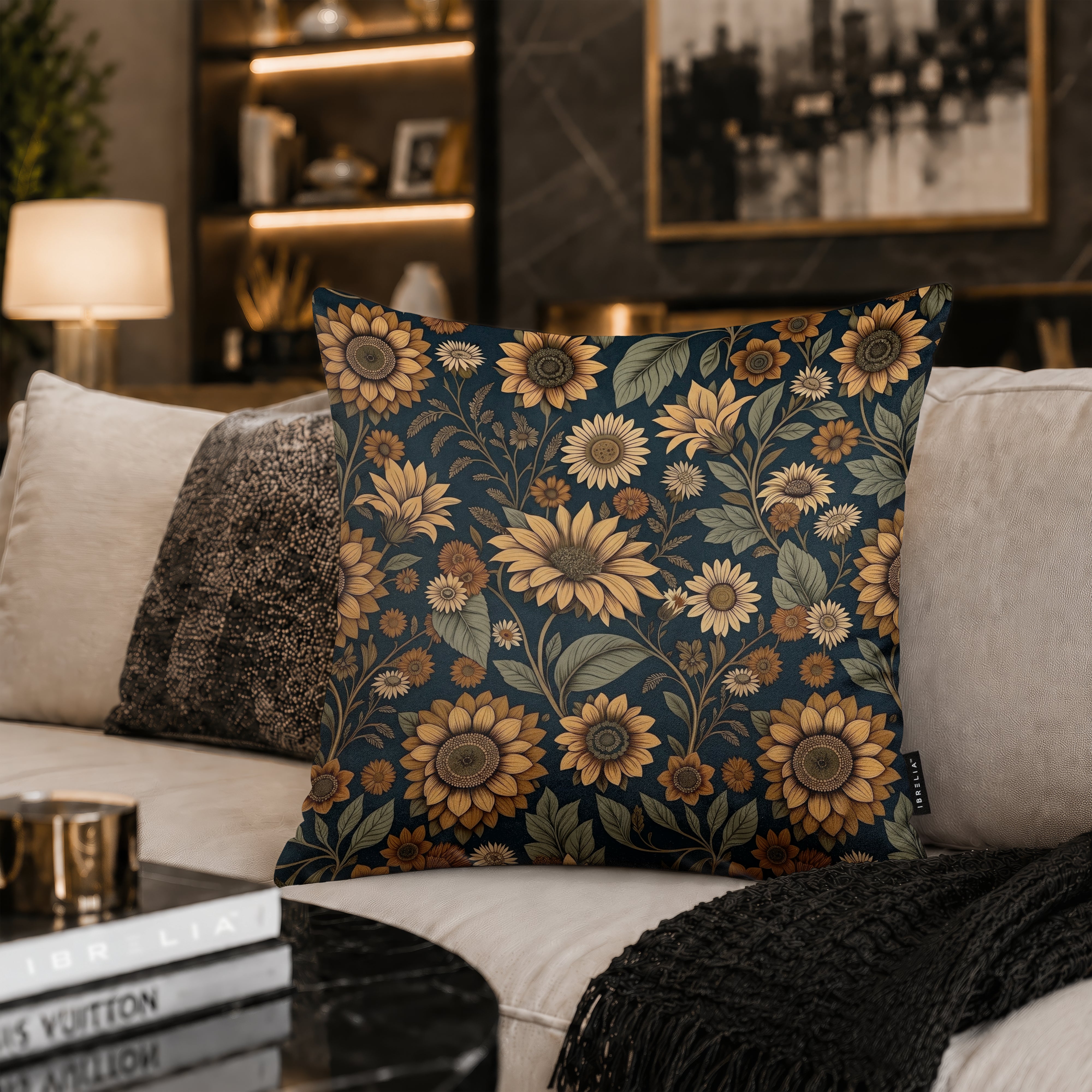 Midnight Sunflower Botanical Cushion | Premium Velvet Suede | Double-Sided Print