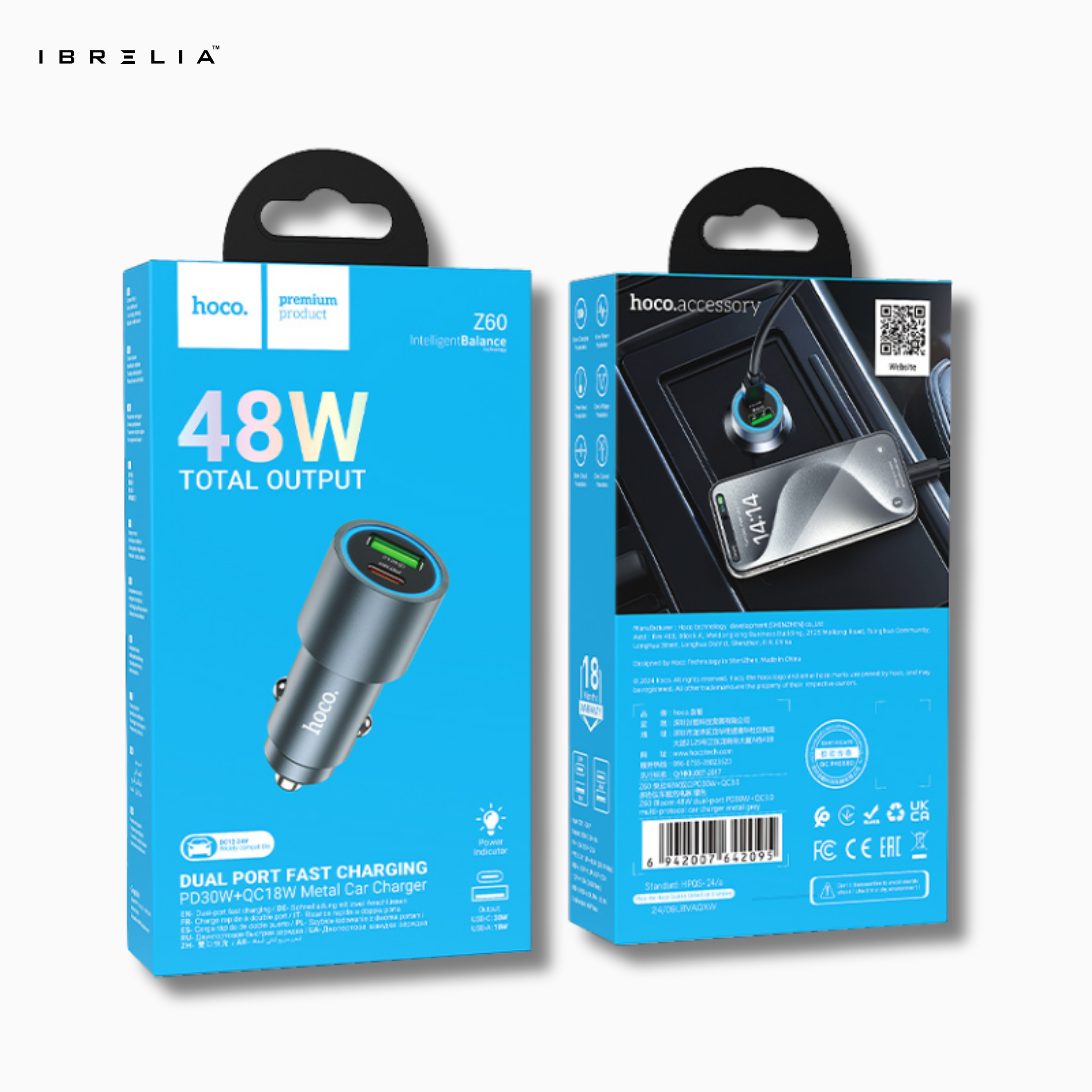 HOCO Z60 Bloom 48W Dual-Port Car Charger – PD30W + QC3.0 Fast Charging | IBRELIA™