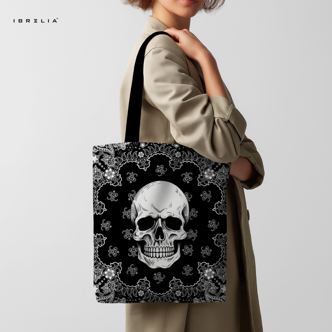 IBRELIA™ Skull Bandana Premium Jute Tote Bag with Velvet Handles, Satin Lining & Inner Zip Pocket IBRELIA