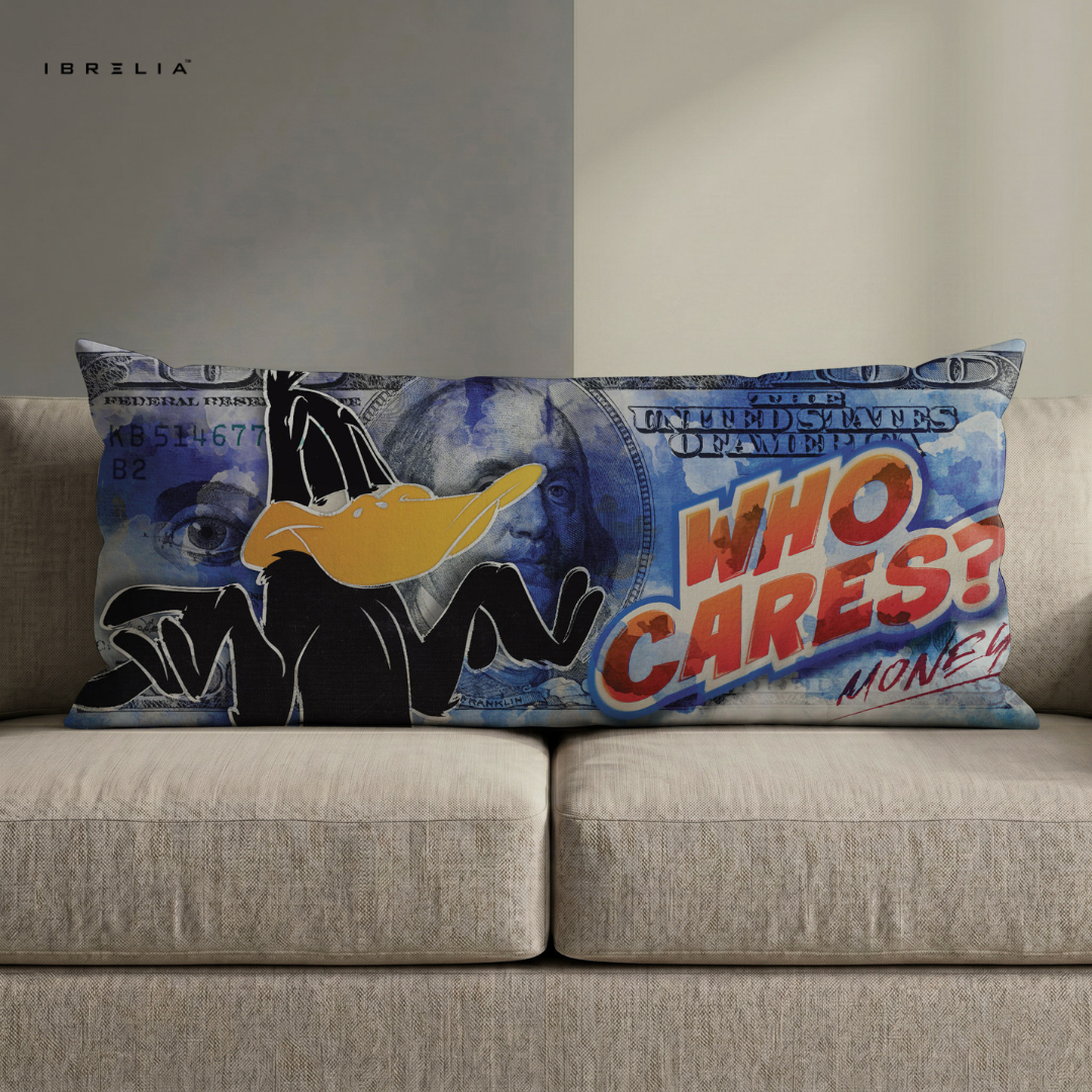 IBRELIA™ Who Cares Money Duck Ultra Wide Cushion – Premium Jute Luxury Sofa Pillow (46 x 19 Inches) IBRELIA