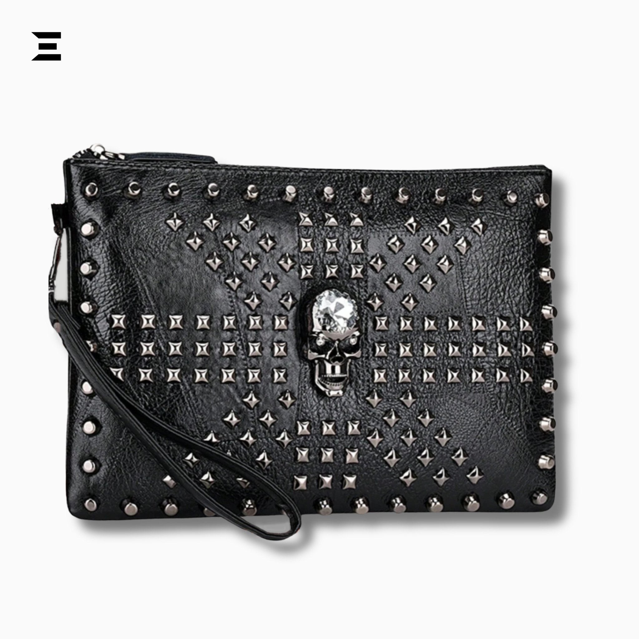 Black Skull Rivet Leather Clutch – Men’s Punk - Style Handbag | IBRELIA™ - IBRELIA