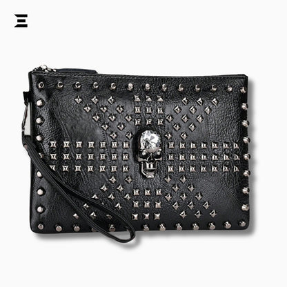 Black Skull Rivet Leather Clutch – Men’s Punk - Style Handbag | IBRELIA™ - IBRELIA
