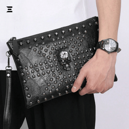 Black Skull Rivet Leather Clutch – Men’s Punk - Style Handbag | IBRELIA™ - IBRELIA