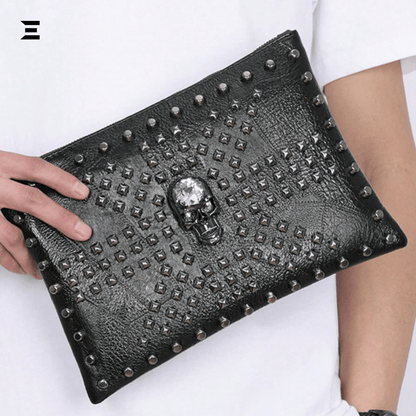 Black Skull Rivet Leather Clutch – Men’s Punk - Style Handbag | IBRELIA™ - IBRELIA