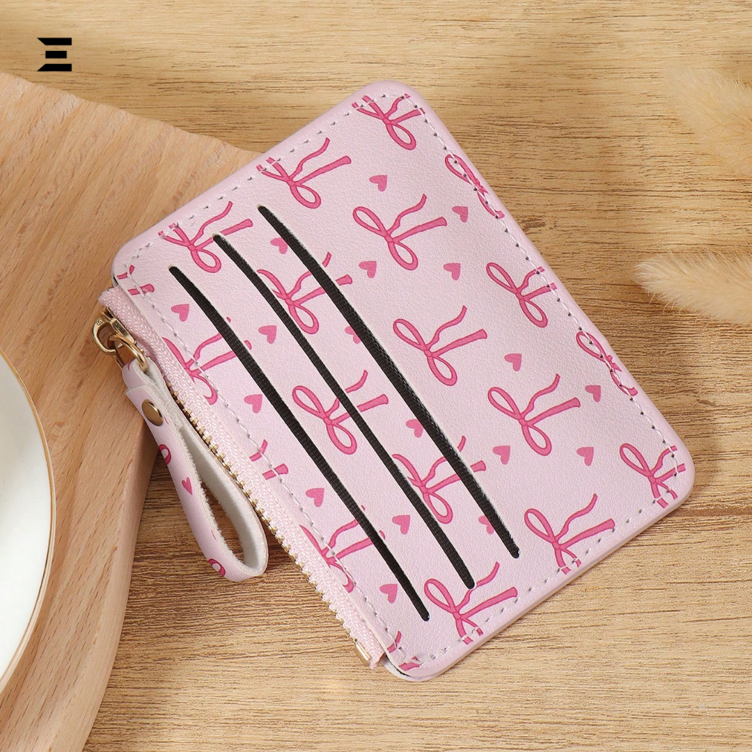 Pink Bow Love Pattern Mini Zipper Wallet | Slim Card & Coin Purse for Women | IBRELIA™