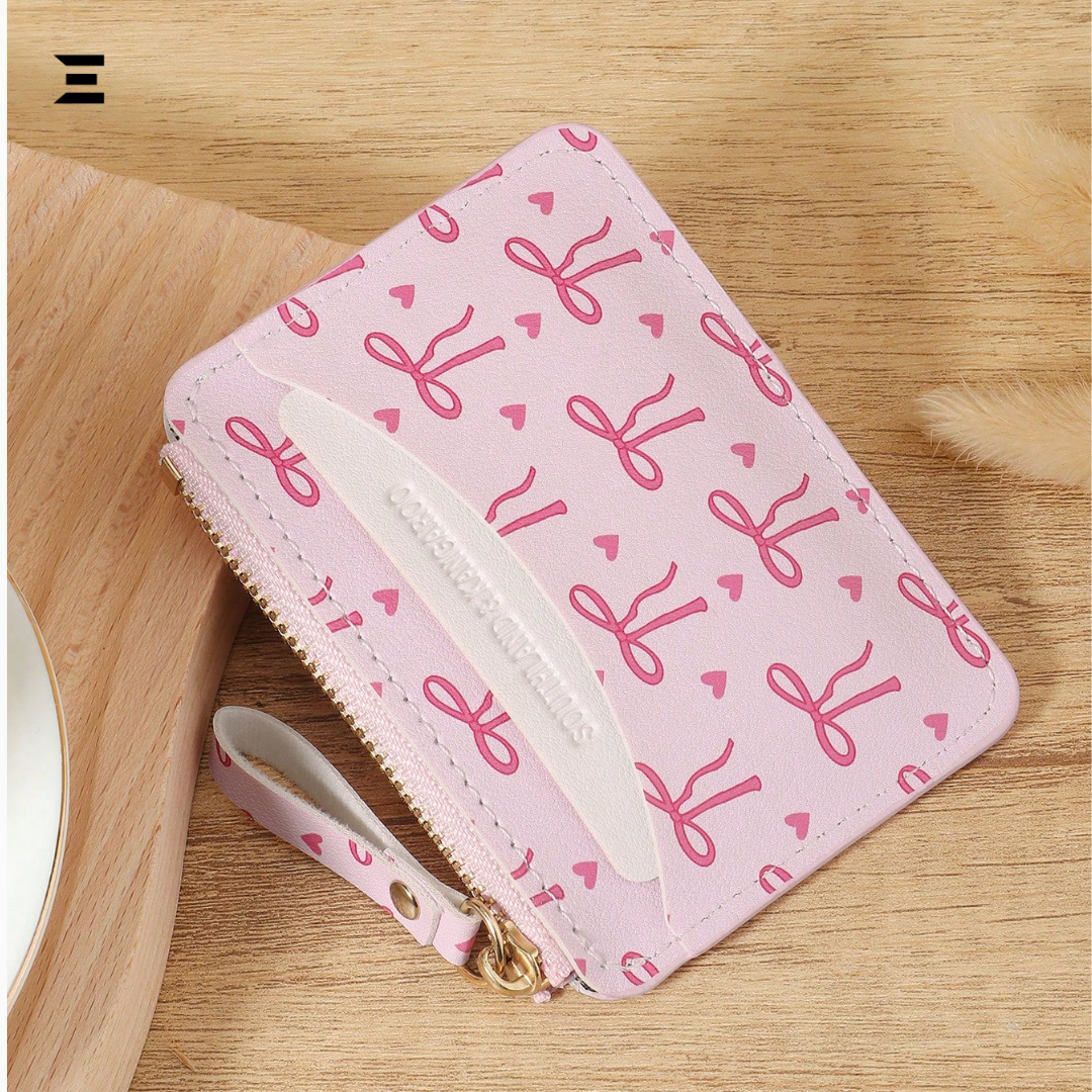 Pink Bow Love Pattern Mini Zipper Wallet | Slim Card & Coin Purse for Women | IBRELIA™