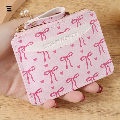Pink Bow Love Pattern Mini Zipper Wallet | Slim Card & Coin Purse for Women | IBRELIA™